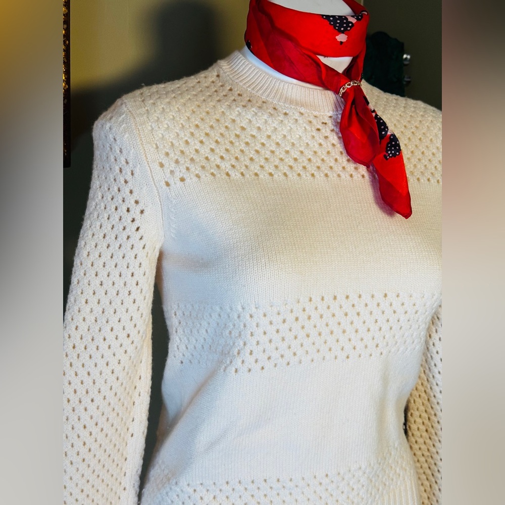 Tory Burch Cream Openwork Crew Sweater with Eyelet Knit